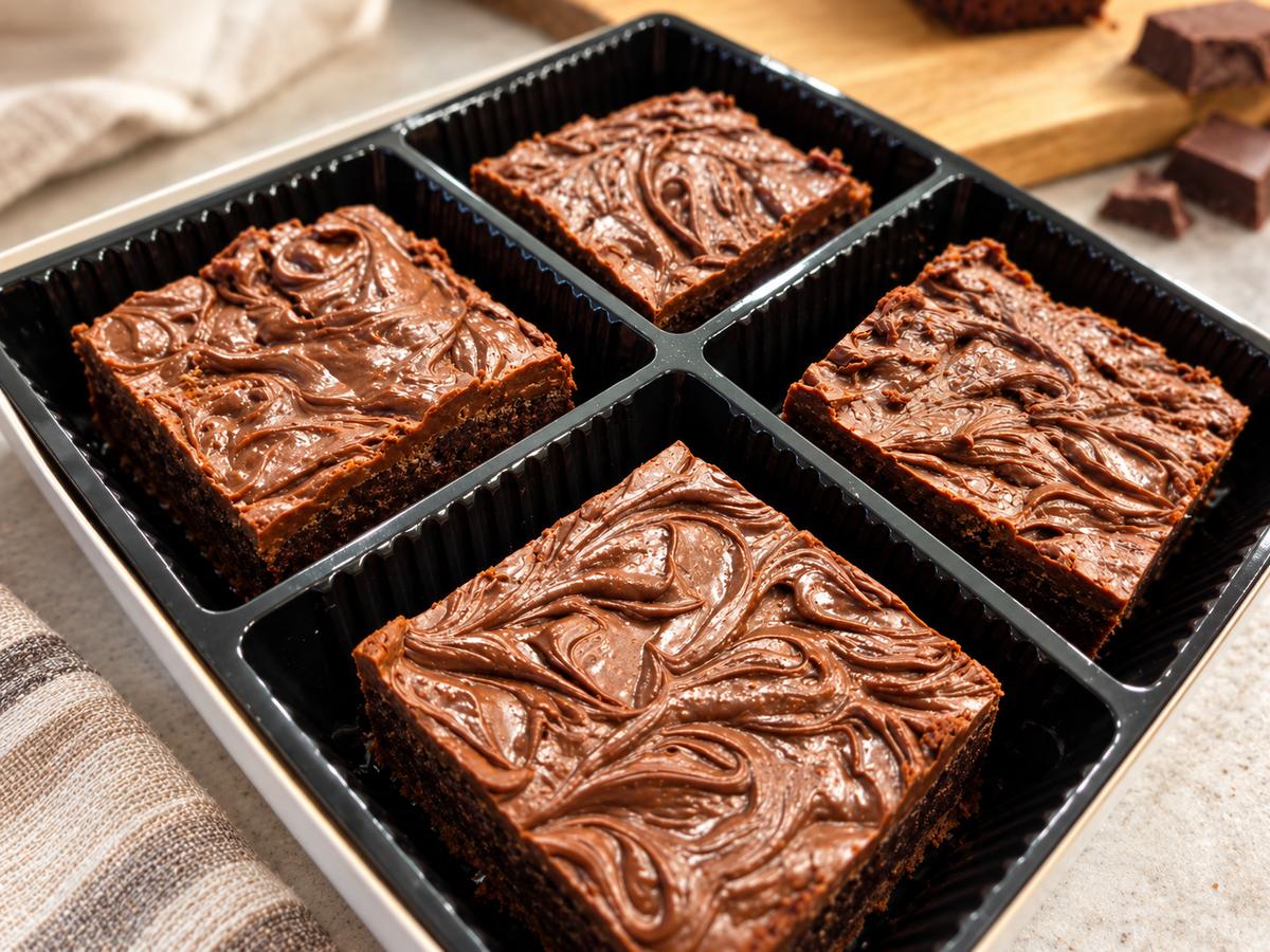 Four Nutella brownies arranged in a baking tray.