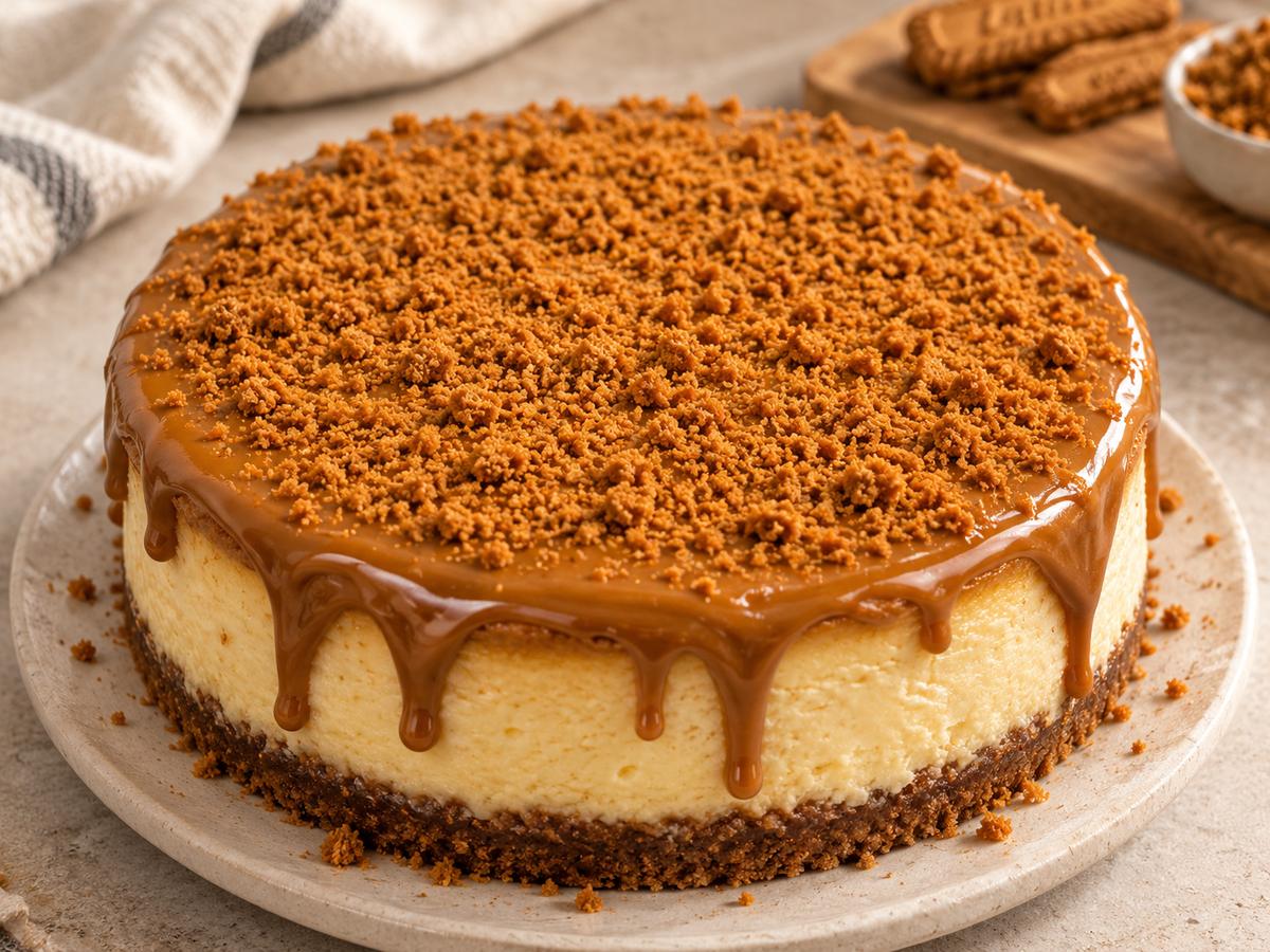 Whole Biscoff cheesecake with biscuit crumbs and caramel-coloured topping.