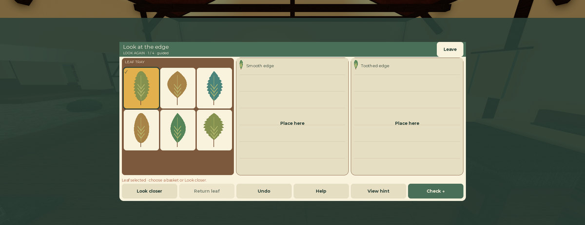Native Nature Sorters gameplay: six leaves, a selected leaf outlined with a tick, and two baskets for sorting.